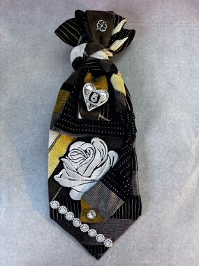 Women  Black & Gold Upcycle tie Patterned Tie with Silver Rose Accent